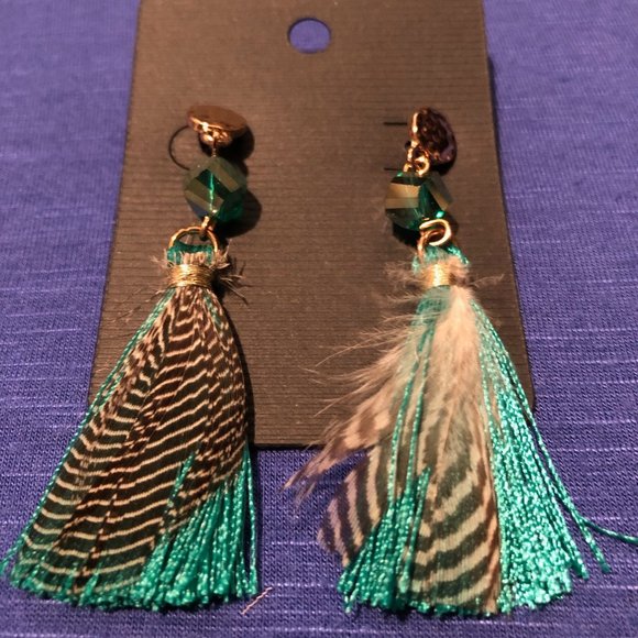 Dazzle Them Gems Jewelry - Jade Green Tassels with Quail Feathers Earrings